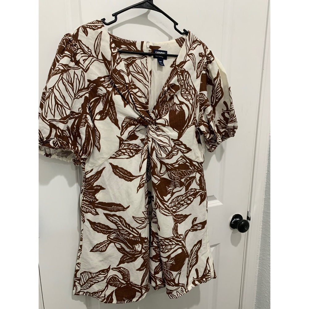 Lands End Petite Brown White Tropical Leaf Twist Front Linen Blend Dress 16P